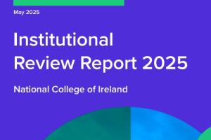 a blue report cover with partially visible photo of a building with the text: institutional review report 2025 National College of Ireland