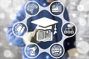 education and quality icons in a circle
